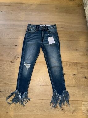 KanCan Dark Blue Distressed Ankle Jeans with Frayed Hem